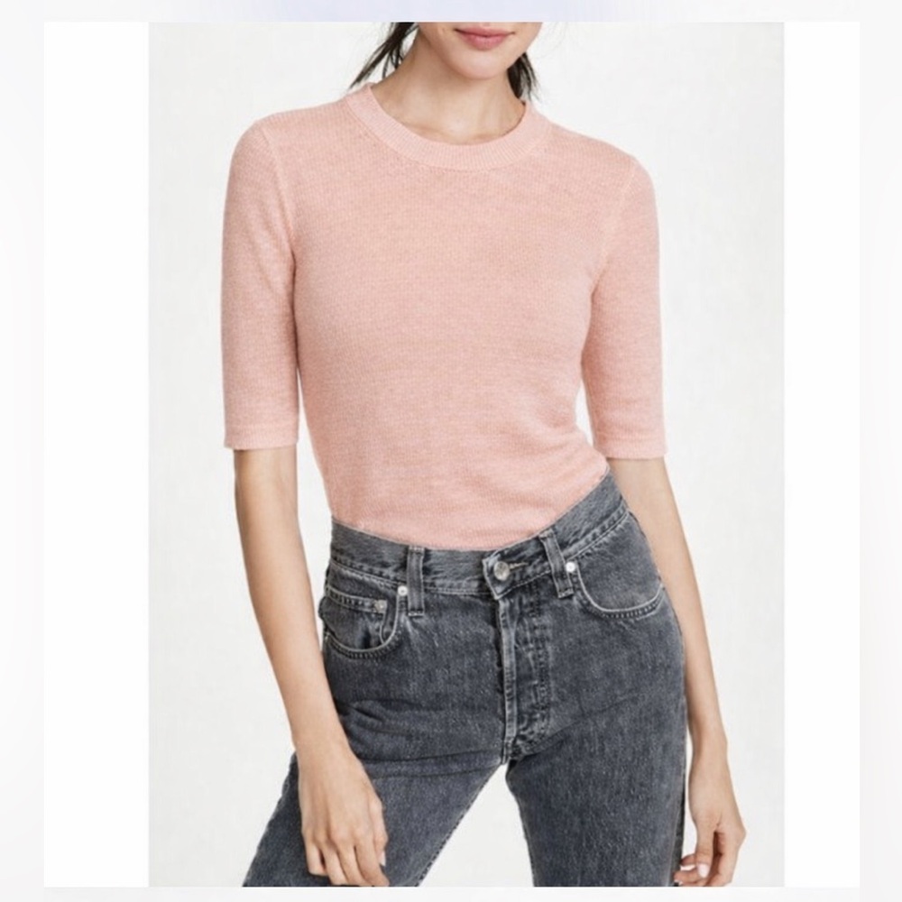 Veronica Beard Linen Dean Blush Pink Ribbed Stretch Pullover Half Sleeve Top XS